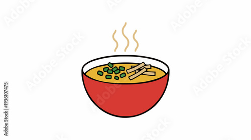 A steaming bowl of flavorful soup with toppings served in a vibrant red bowl against a white background representing comfort and warmth