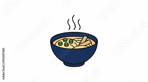 Steaming Bowl of Miso Soup with Tofu and Green Onions Served in a Dark Blue Ceramic Bowl on a White Background