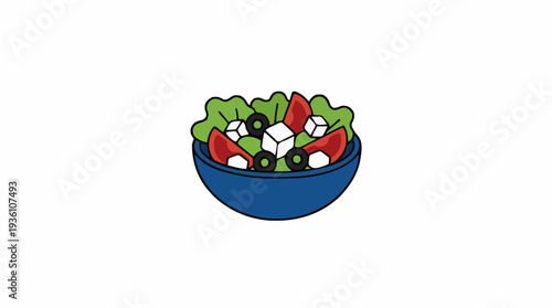 A Vibrant Blue Bowl Filled With A Fresh Greek Salad Featuring Crisp Lettuce Tomato Cubes Feta Cheese And Sliced Black Olives On A White Background