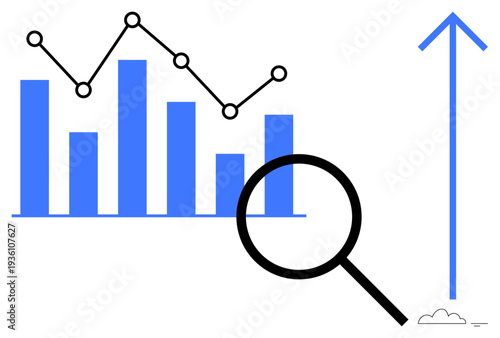 Data analysis concept. Data visualizations highlight trends and progress. Data tools thumbs up magnifying glass analytics. For finance, business, marketing, growth strategies, research