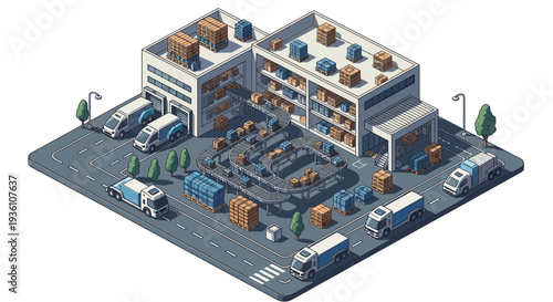 Isometric illustration of a bustling industrial factory complex with trucks, warehouses, and workers amidst a cityscape with a mix of blue and orange tones