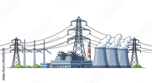 An isometric illustration of a power plant with wind turbines and transmission towers against a clean white background, showcasing industrial infrastructure and technology