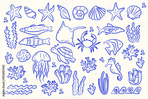 Sea Life Doodle Set Hand Drawn