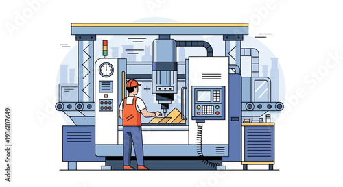 An industrial worker in an orange vest operates a large machine with a control panel in a factory setting with a mix of blue and white tones
