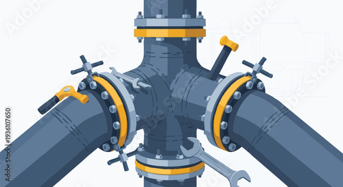 Industrial Pipe Connection System with Valves and Flanges.