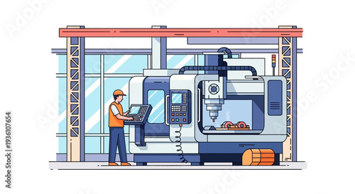 An engineer in an orange vest operates a control panel next to a large industrial machine with a blue and gray body in a factory setting with a cityscape background