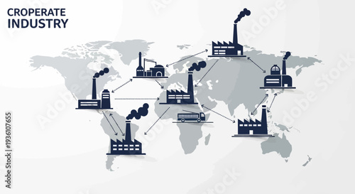 Isometric illustration of industrial factories and manufacturing facilities connected across a gray world map with lines, conveying a global industrial network