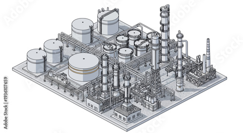 Isometric illustration of an industrial factory complex with various machinery and equipment on a white background