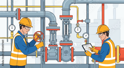 Industrial Workers Inspecting Plumbing System Safety and Maintenance.