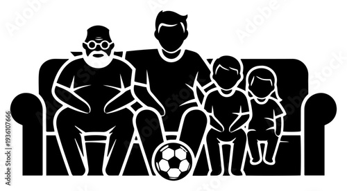 Family sitting on a sofa watching a football game together at home