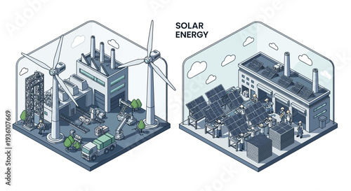 Isometric illustration of two industrial facilities, one powered by wind turbines and the other by solar panels, showcasing renewable energy sources in a 3D graphic representation