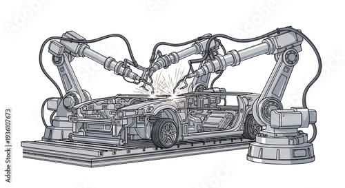 An isometric illustration of industrial robotic arms welding a car chassis on a factory production line with a technical design