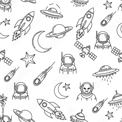 Outer space seamless pattern with rocket ship satellite astronaut helmet planet moon star and flying saucer hand drawn vector illustration