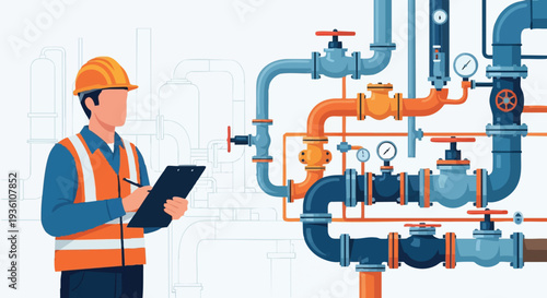 Plumber Inspecting Industrial Pipe System with Valves and Gauges.