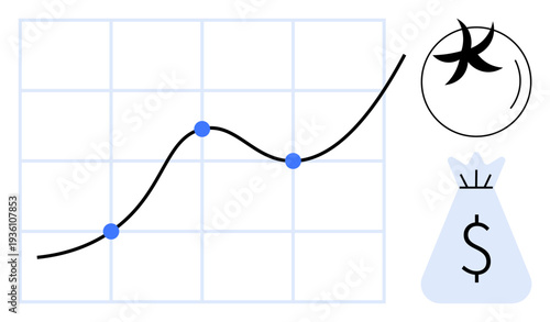 Line graph showing upward financial growth with highlighted data points, investment icon, and money bag symbol. Ideal for finance growth, investment, statistics, economics, management, business