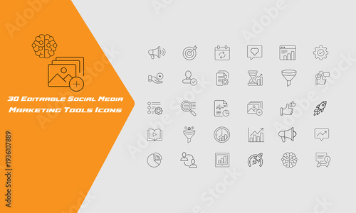30 Editable social media marketing tools icons set with minimalist line art style for digital business and strategy