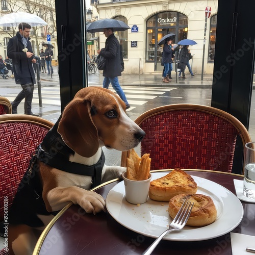 Adorable beagle dog sits alone at a table in a café, enjoying a meal with a fork and pastry on a rainy day outside.