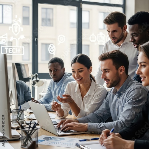 Business team collaborates on a project using a laptop and computer monitor in a modern office setting with technology icons displayed on the window.