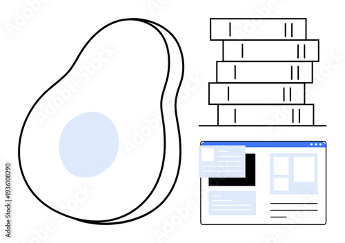 Data science, website development, organization, analytics, clean design, abstract technology. Visual elements include database stacks, a website interface and a unique shape. Data science