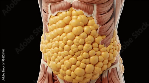Medical illustration depicting excessive visceral fat accumulated around the human abdomen, highlighting health risks associated with obesity and metabolic syndrome within the body.