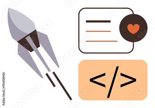 Digital innovation, web development, creative messaging, startup growth, design thinking, coding culture. A rocket, coding tag and message with a heart icon. Digital innovation and web development