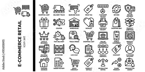 E-Commerce Online Retail Bold Line Icons-Shopping Cart Delivery Truck Barcode Price Tag Customer Review Secure Payment Gift Discount-15 Ecommerce Icon Set Vector - Retail Icons