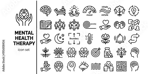 Mental Health Therapy Bold Line Icons-Brain Profile Therapy Couch Meditation Mood Tracker Breathing Journal Support Group Anxiety-15 Mental Health Icon Set Vector - Therapy Icons