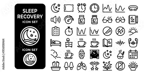 Sleep Recovery Bold Line Icons-Moon Crescent Pillow Alarm Clock Sleep Cycle Eye Mask White Noise Melatonin Blue Light Glasses Sleep Diary-15 Sleep Icon Set Vector - Recovery Icons