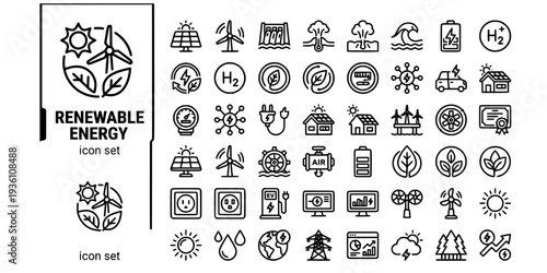 Renewable Energy Bold Line Icons-Solar Panel Wind Turbine Hydroelectric Geothermal Tidal Generator Green Hydrogen Biomass Smart Grid-15 Renewable Energy Icon Set Vector - Clean Energy Icons