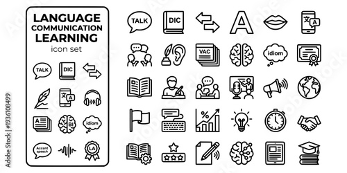 Language Communication Learning Bold Line Icons-Speech Bubble Dictionary Translation Alphabet Pronunciation Language App Conversation Writing-15 Language Learning Icon Set Vector - Communication Icons