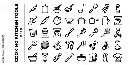 Cooking Kitchen Tools Bold Line Icons-Chef Knife Cutting Board Mixing Bowl Frying Pan Wooden Spoon Rolling Pin Measuring Cups Kitchen Timer-15 Kitchen Tools Icon Set Vector - Cooking Icons