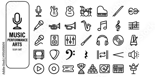 Music Performance Arts Bold Line Icons-Microphone Stand Electric Guitar Acoustic Guitar Drum Kit Piano Violin Trumpet Saxophone Treble Clef-15 Music Arts Icon Set Vector - Performance Icons