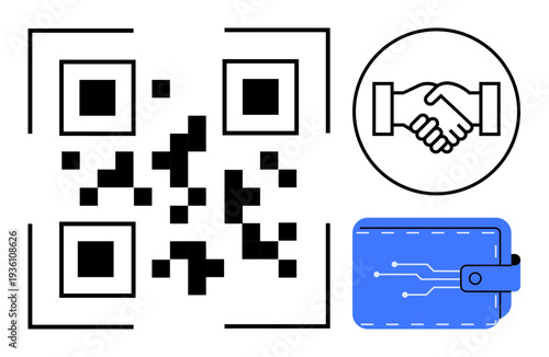 Blockchain concept. Blockchain technology highlighted with QR code, handshake, and digital wallet. Blockchain ensures secure transactions and authentication. For fintech, e-commerce, banking