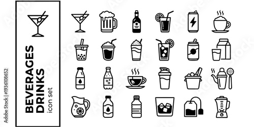 Beverages Drinks Bold Line Icons-Cocktail Martini Beer Mug Wine Bottle Juice Glass Bubble Tea Energy Drink Sparkling Water Herbal Tea-15 Beverages Icon Set Vector - Drinks Icons