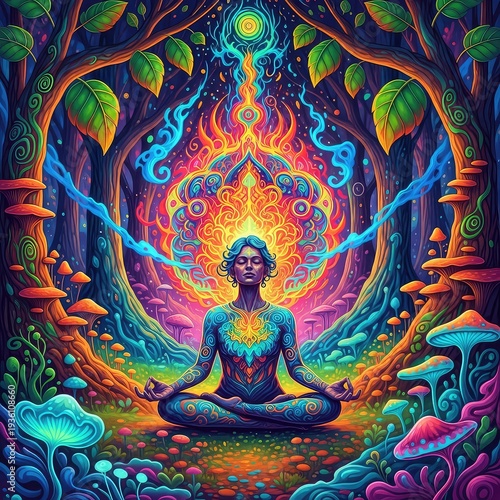 Vibrant depiction of a meditating person surrounded by psychedelic mushrooms and trees in a serene forest setting with intricate body art and a kaleidoscope of colors.