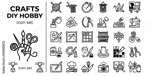 Crafts DIY Hobby Bold Line Icons-Knitting Needles Crochet Hook Embroidery Hoop Macrame Origami Crane Paper Cutting Candle Making Soap-15 Crafts Icon Set Vector - DIY Hobby Icons