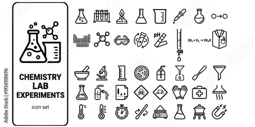 Chemistry Lab Experiments Bold Line Icons-Erlenmeyer Flask Test Tube Rack Bunsen Burner Beaker Pipette Chemical Reaction Periodic Table-15 Chemistry Lab Icon Set Vector - Experiment Icons