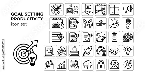 Goal Setting Productivity Bold Line Icons-SMART Goal Vision Board Milestone Flag Habit Tracker Priority Matrix Time Blocking Daily Review-15 Productivity Icon Set Vector - Goal Setting Icons