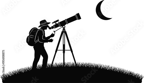 Black silhouette of a traveler using a telescope on a grassy hill under a crescent moon for astronomy science and stargazing adventure designs.