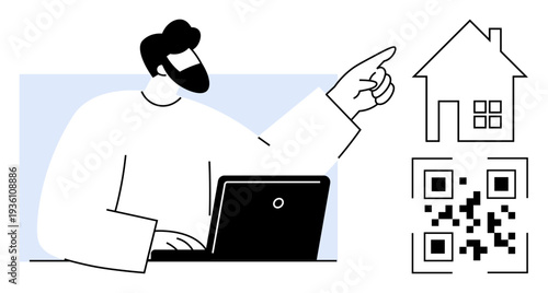 Digital real estate, online housing, QR code technology, property search, smart home apps, connectivity. Man points to house and QR code from laptop. Digital real estate and online housing concept