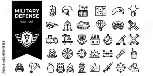 Military Defense Bold Line Icons-Military Rank Badge Combat Helmet Field Radio Tactical Map Medic Cross Dog Tag Military Aircraft Naval Ship-15 Military Defense Icon Set Vector - Armed Forces Icons