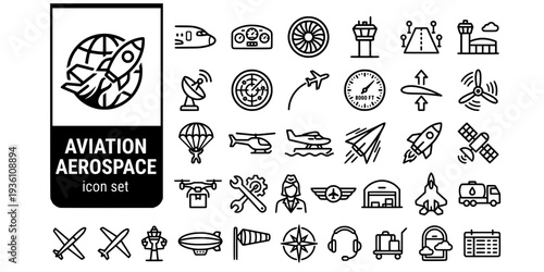 Aviation Aerospace Bold Line Icons-Commercial Airplane Cockpit Instrument Jet Engine Control Tower Runway Air Traffic Radar Flight Path Altimeter-15 Aviation Icon Set Vector - Aerospace Icons