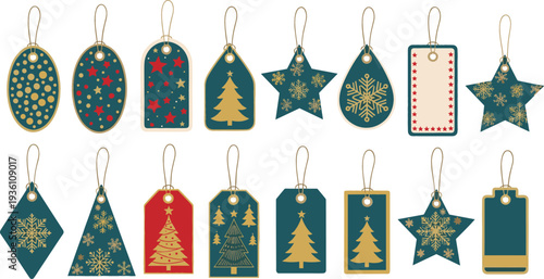 Christmas gift tags vector set featuring festive holiday labels with gold snowflakes pine trees stars and reindeer patterns for winter seasonal present decoration.