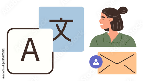 Language translation, multilingual communication, messaging, user interaction, global accessibility, technology. Woman profile, text icons envelope and user avatar. Language translation