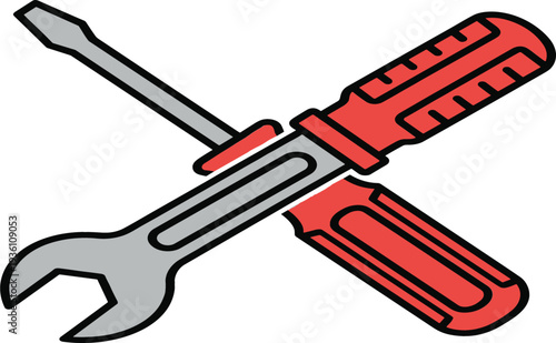 Crossed screwdriver and wrench vector illustration with red handles for home repair maintenance mechanical service hardware shop and construction toolkit design projects.