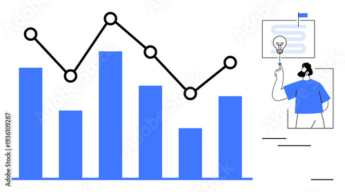 Data analysis, business strategy, market trends, statistics, innovation, problem solving, technology. Blue bar and line charts with person studying a screen design. Data analysis and business