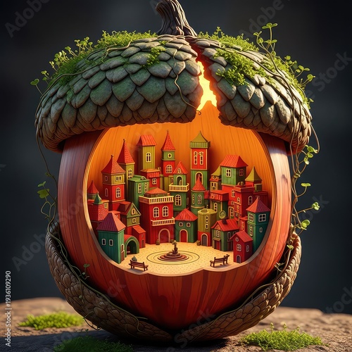 Vibrant miniature cityscape inside a hollowed acorn shell with lush greenery and fantasy architecture