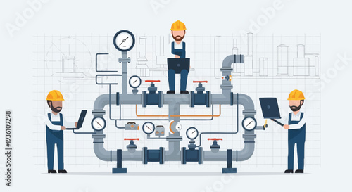 Engineers inspecting industrial pipeline system.
