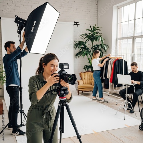 Professional photographers and stylists collaborating on a fashion photography shoot in a well-lit studio with softbox lighting and camera equipment.