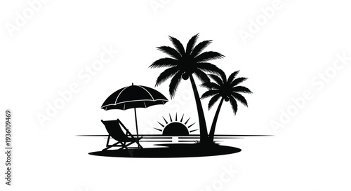 Tropical beach scene with palm trees umbrella and chair silhouette